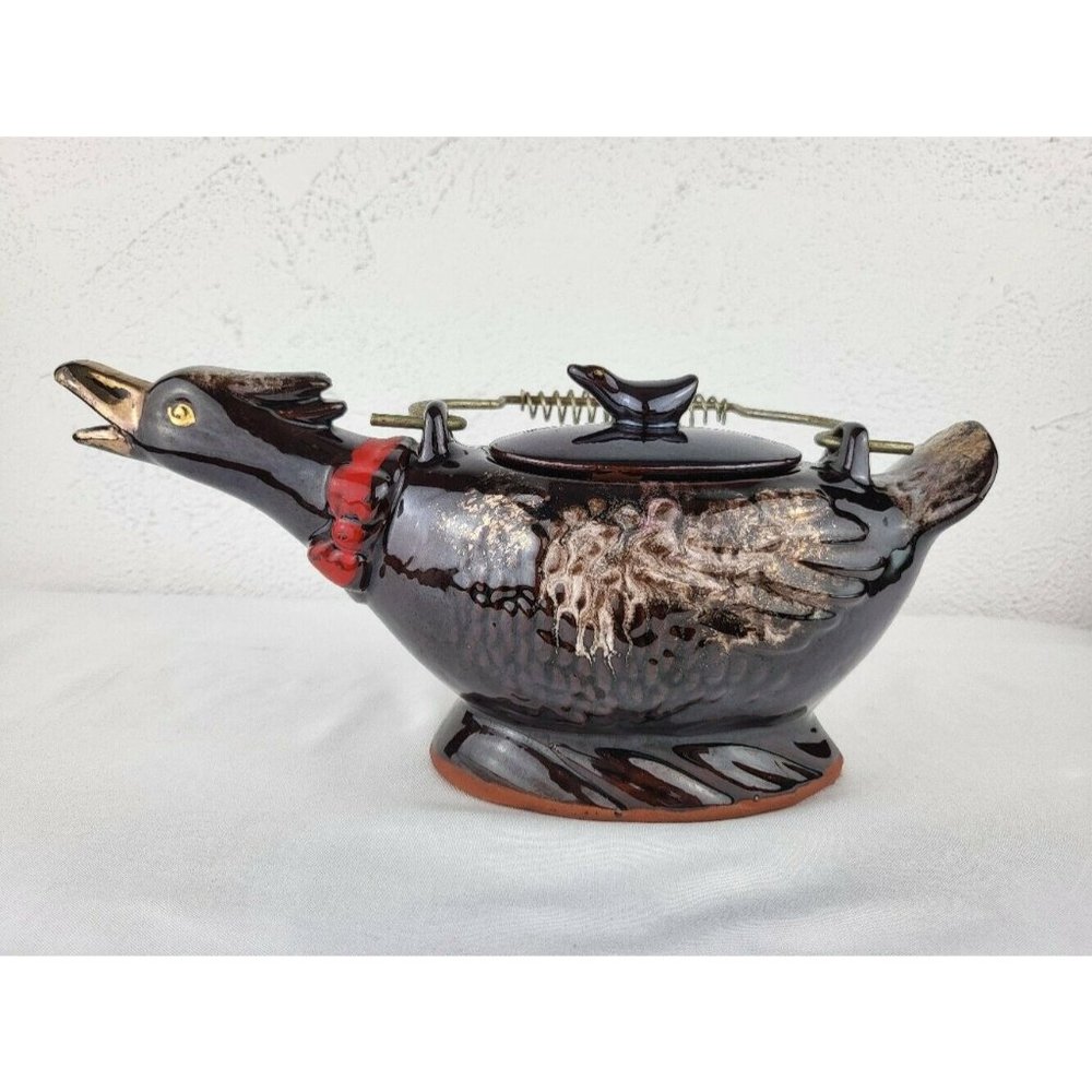 Vintage Brown Gold Glaze Redware Duck Kettle Teapot Coiled Wire Handle Japanese